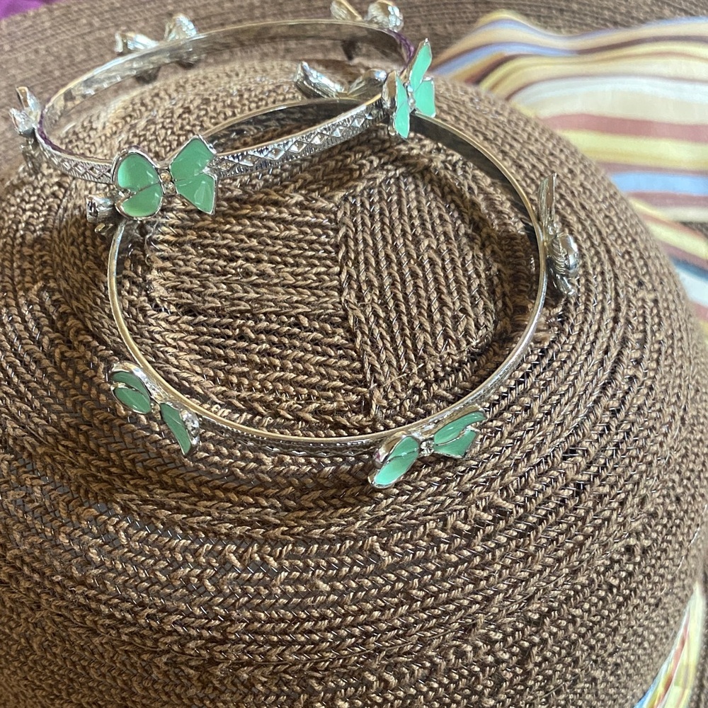 Elegant Silver and Green Butterfly Bangle Set